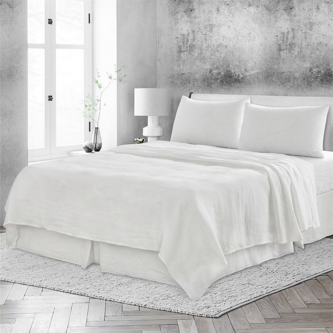 4 Pc Queen Bedding Set, Premium Soft White Linen Sheet Set and Pillowcases, Breathable Bedding for Queen Bed