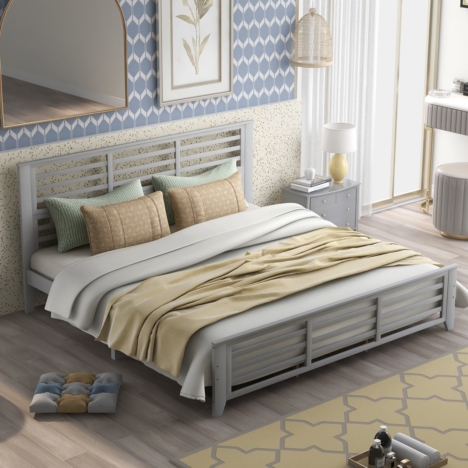 Platform bed with horizontal strip hollow shape, King size, gray (New)