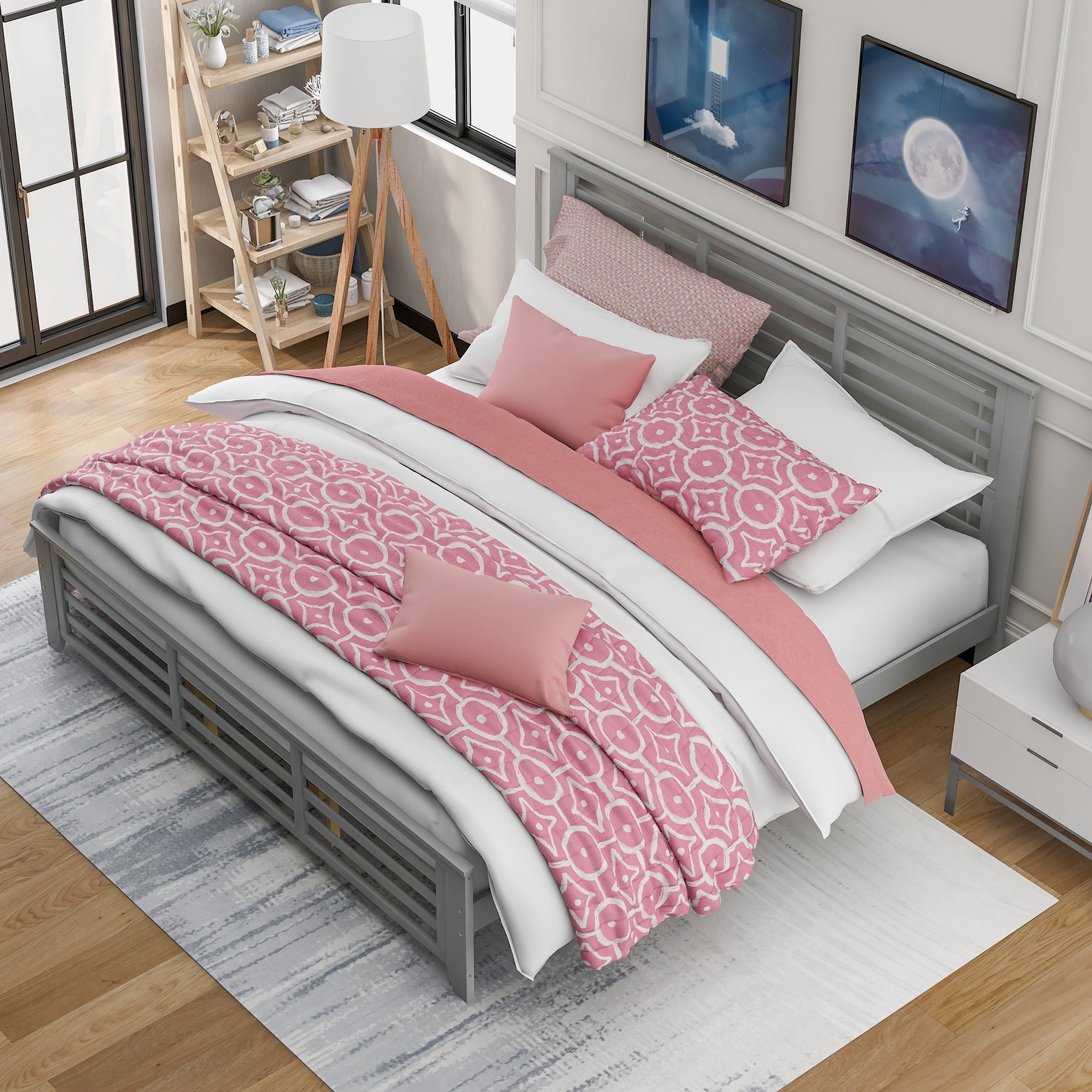 Platform bed with horizontal strip hollow shape, King size, gray (New)
