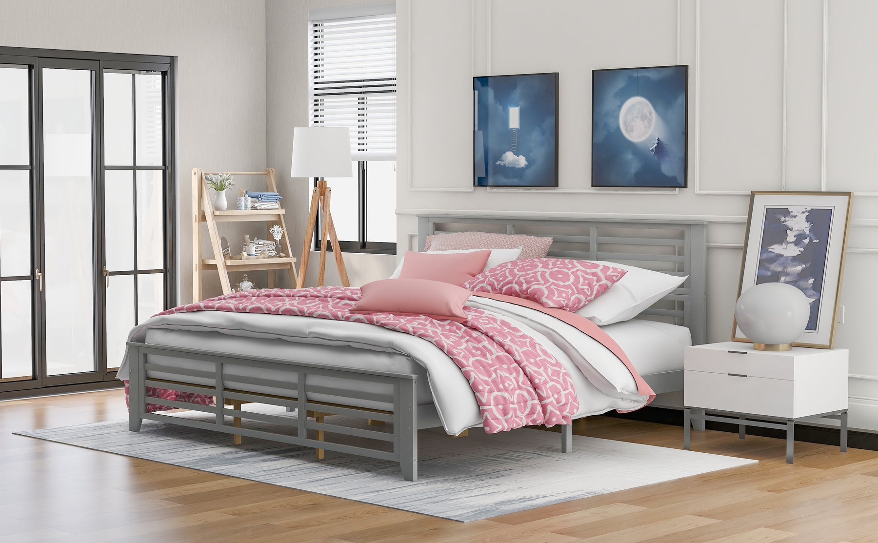Platform bed with horizontal strip hollow shape, King size, gray (New)