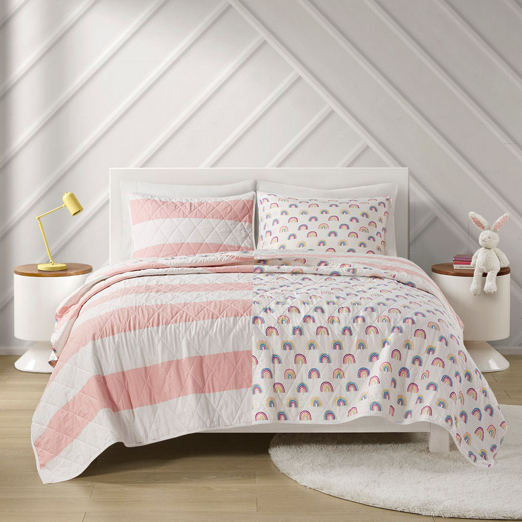 Sammie Cotton Cabana Stripe Reversible Quilt Set with Rainbow Reverse
