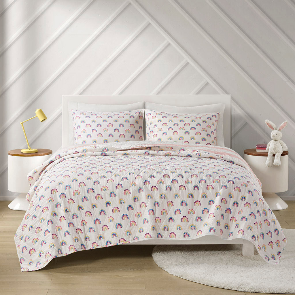 Sammie Cotton Cabana Stripe Reversible Quilt Set with Rainbow Reverse
