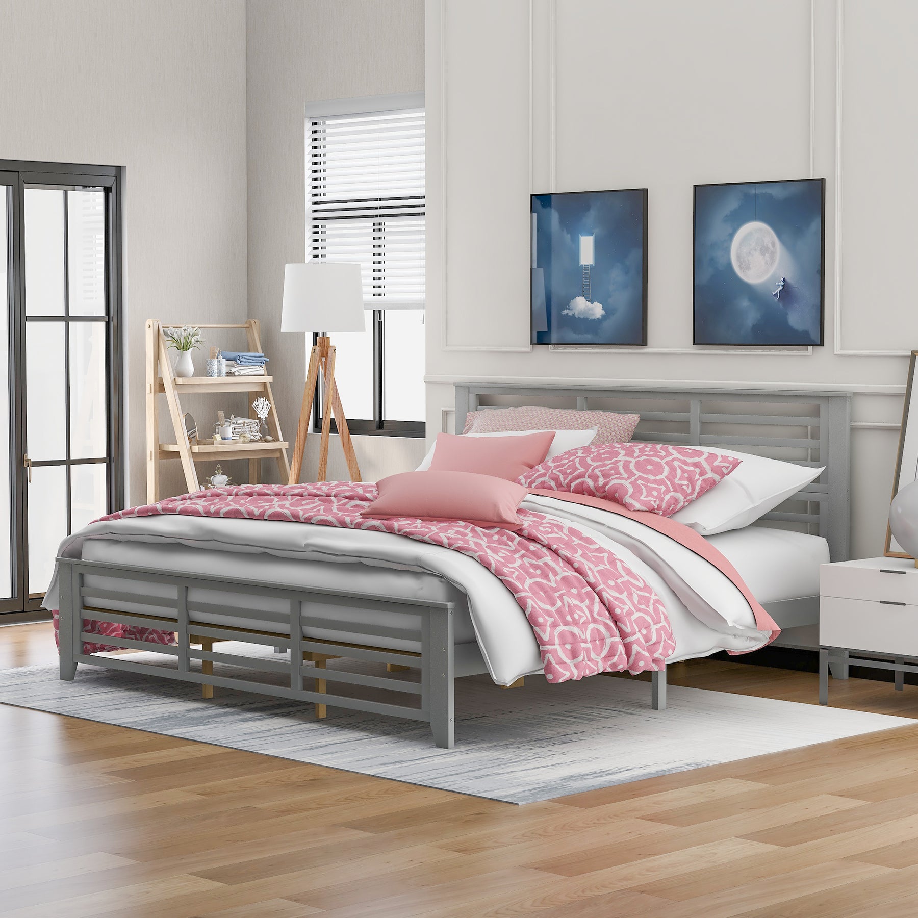 Platform bed with horizontal strip hollow shape, King size, gray (New)