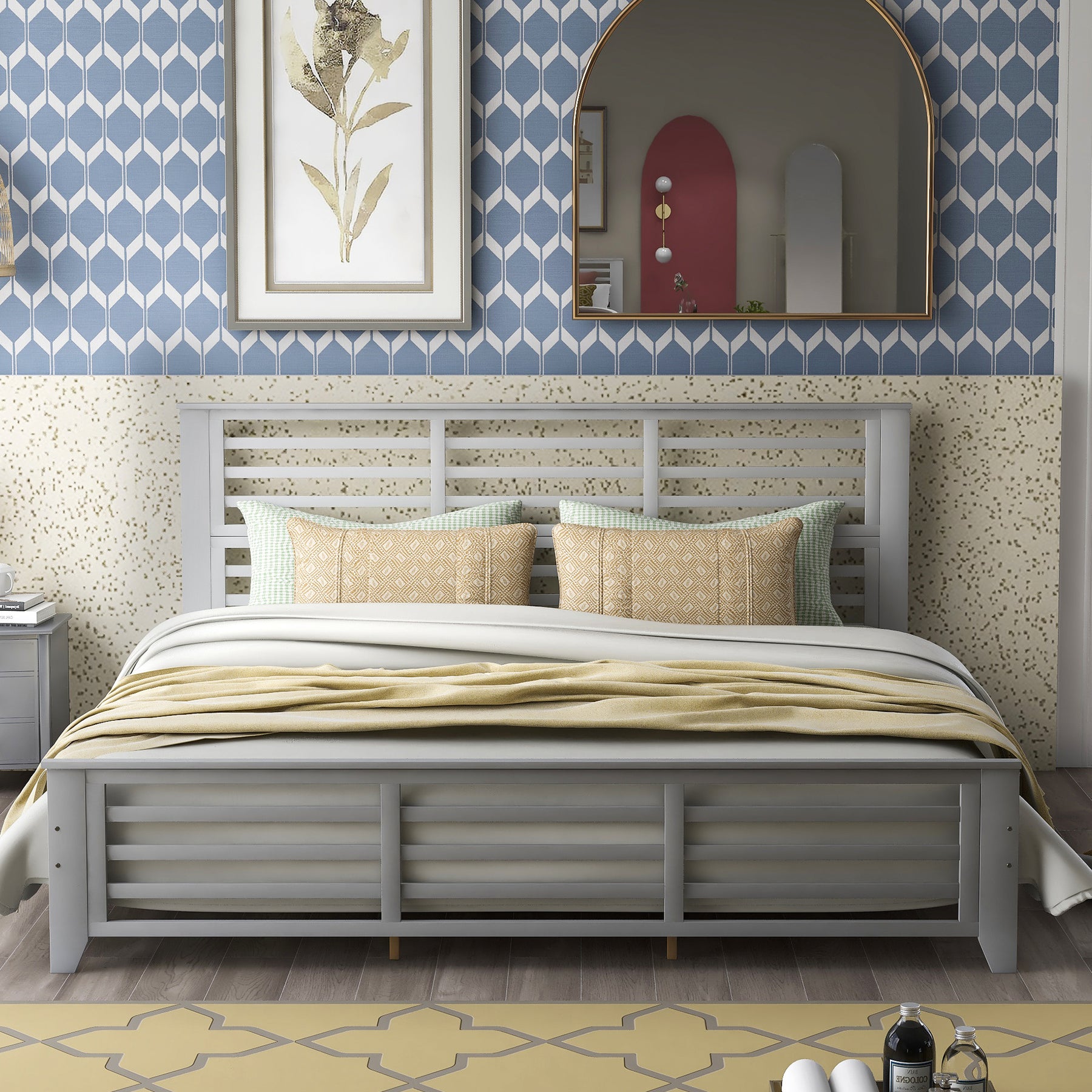 Platform bed with horizontal strip hollow shape, King size, gray (New)