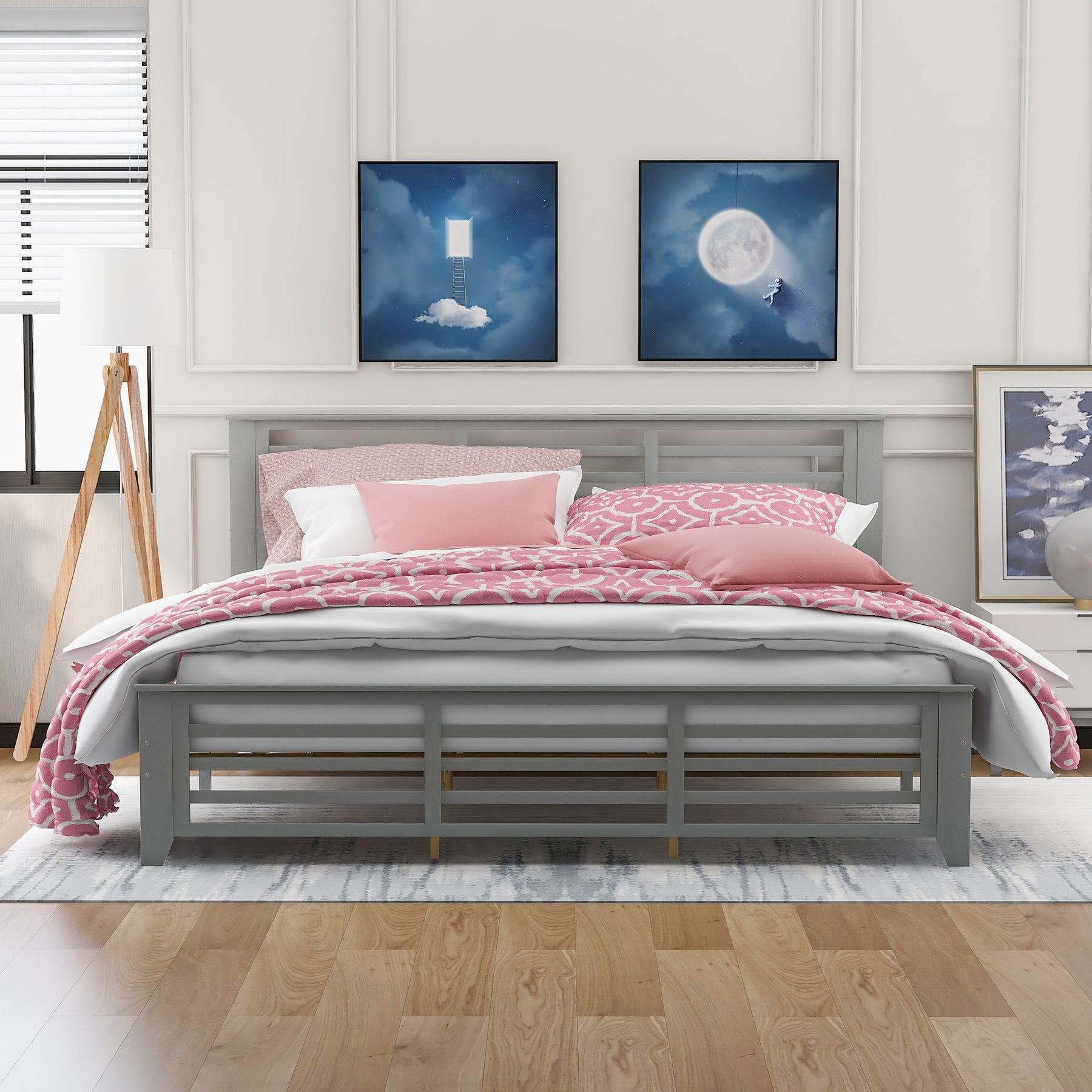 Platform bed with horizontal strip hollow shape, King size, gray (New)