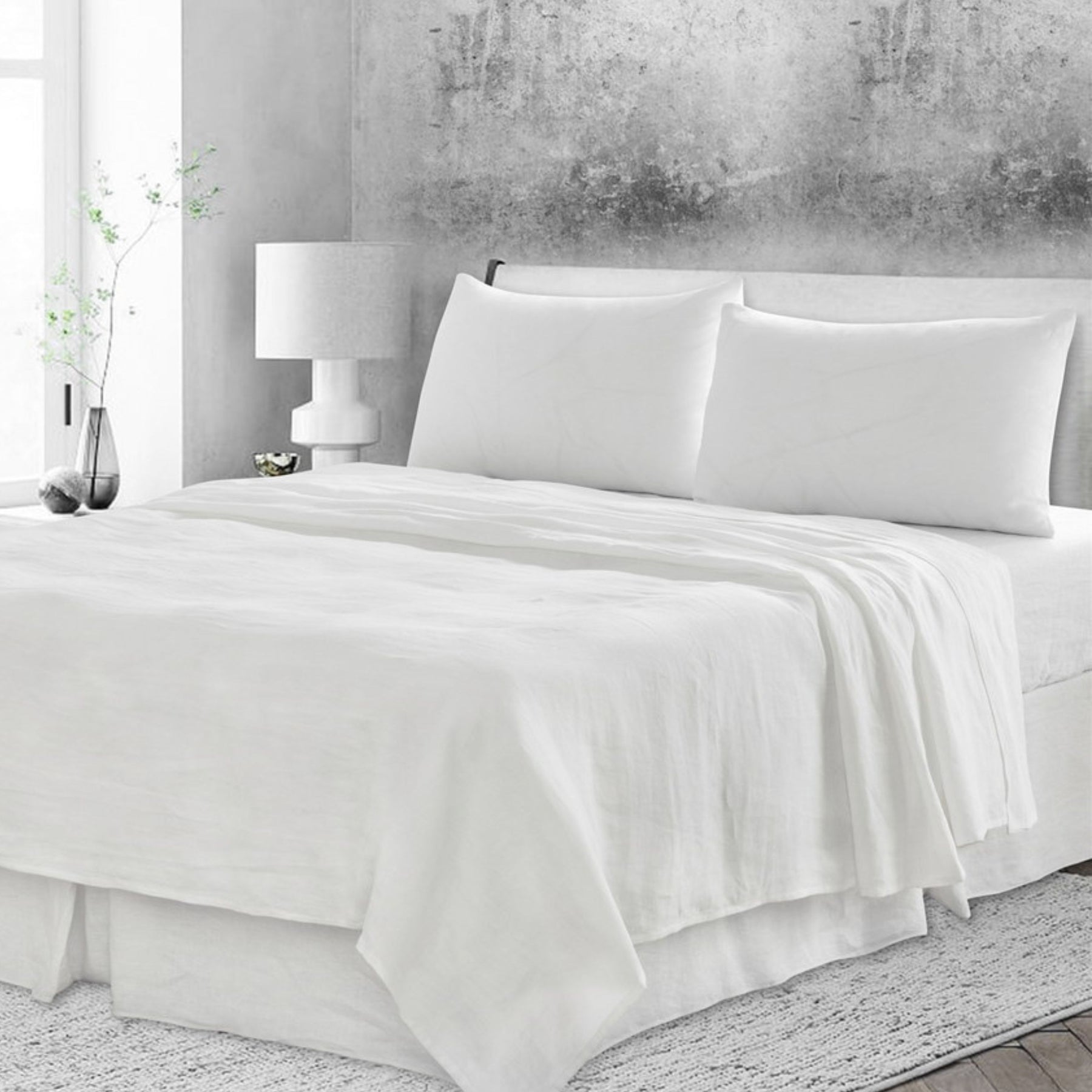 4 Pc Queen Bedding Set, Premium Soft White Linen Sheet Set and Pillowcases, Breathable Bedding for Queen Bed