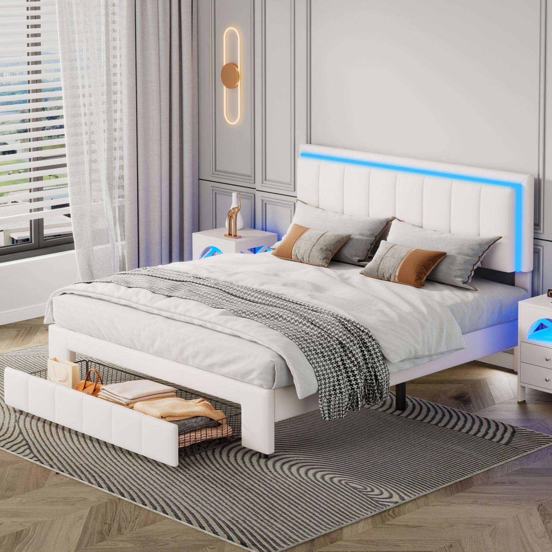 Upholstered Platform Bed with LED Lights and Two Motion Activated Night Lights,Queen Size Storage Bed with Drawer,White