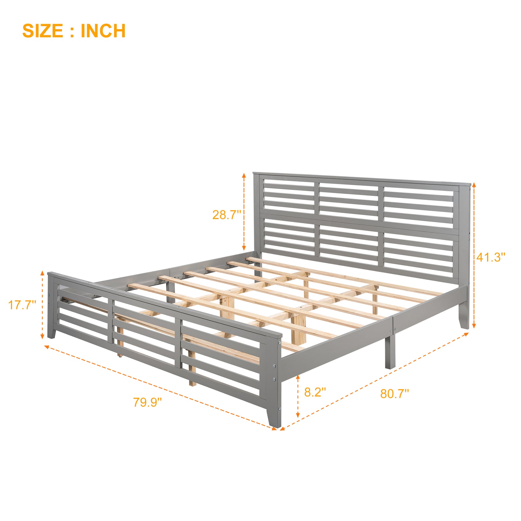 Platform bed with horizontal strip hollow shape, King size, gray (New)