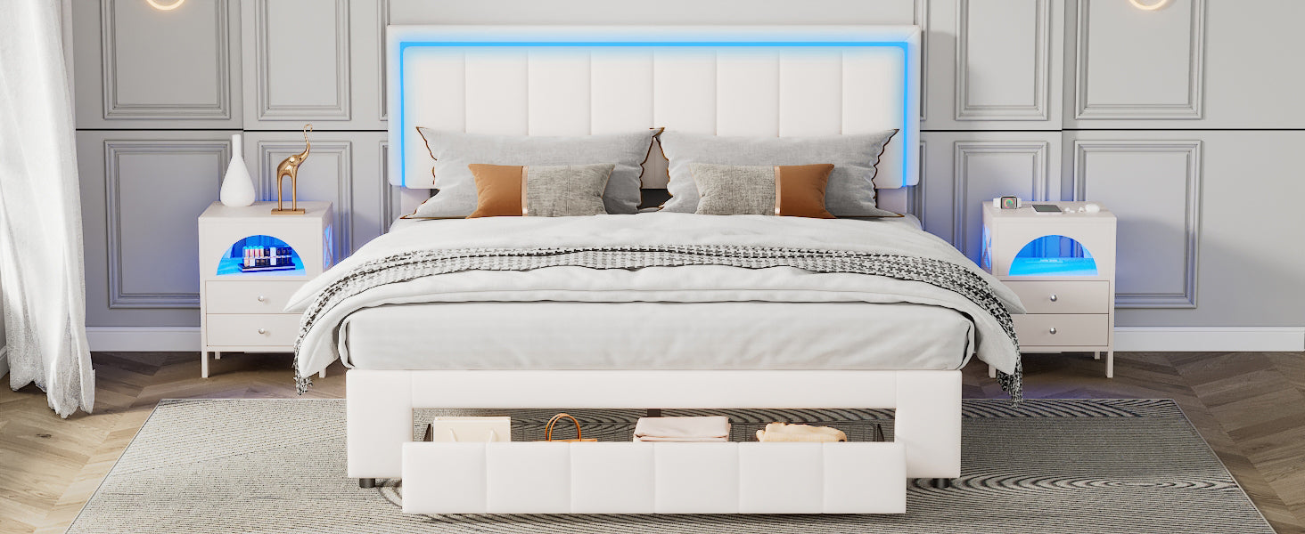 Upholstered Platform Bed with LED Lights and Two Motion Activated Night Lights,Queen Size Storage Bed with Drawer,White