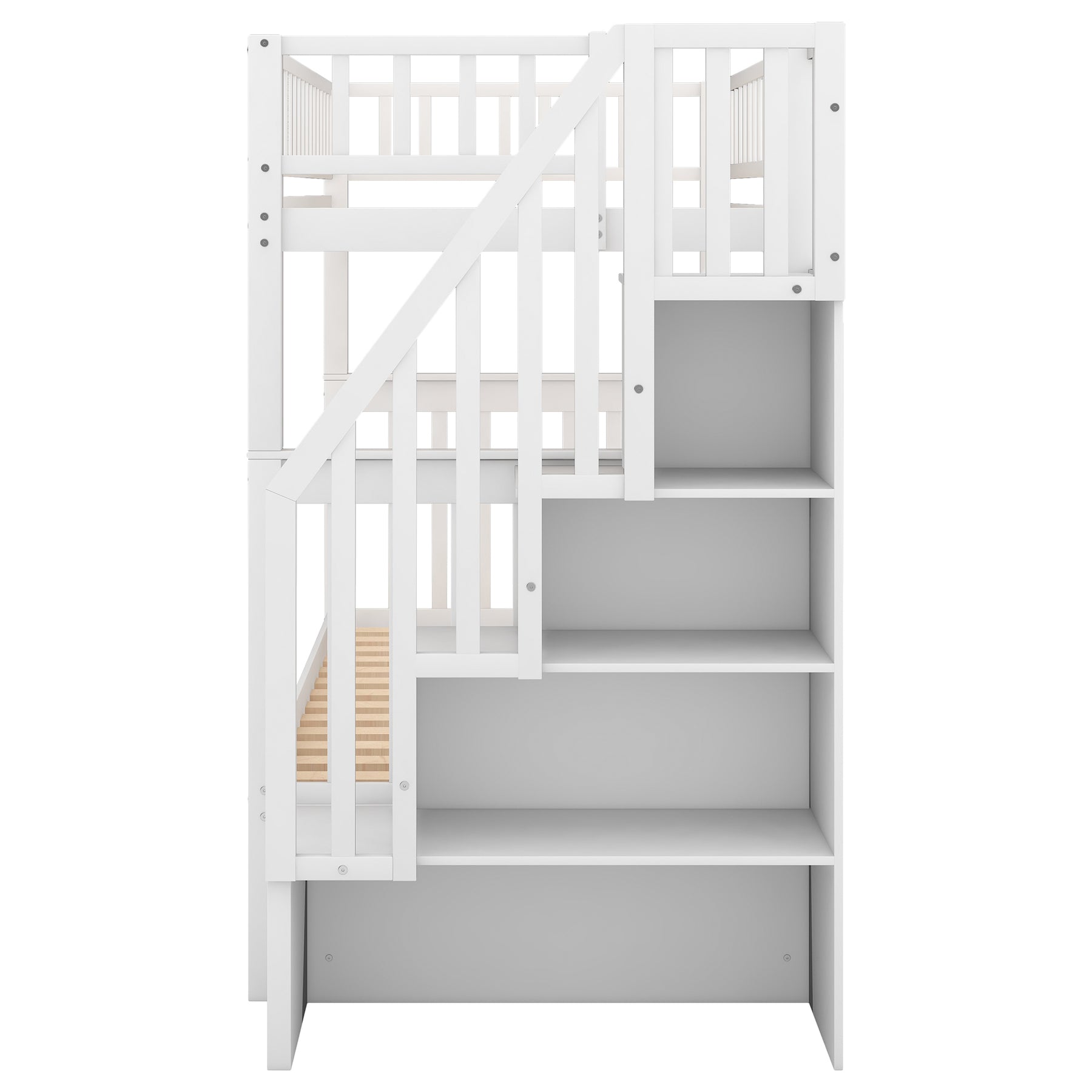 Twin over Twin Bunk Bed with Trundle and Storage, White