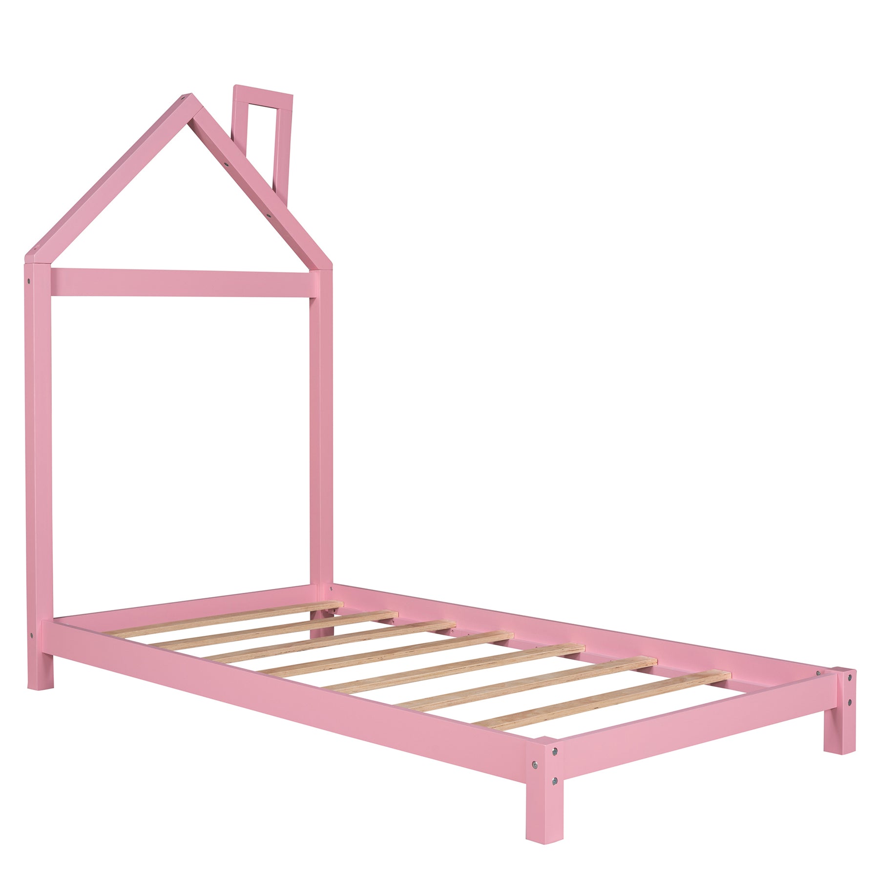 Twin Size Wood Platform Bed with House-shaped Headboard  (Pink)