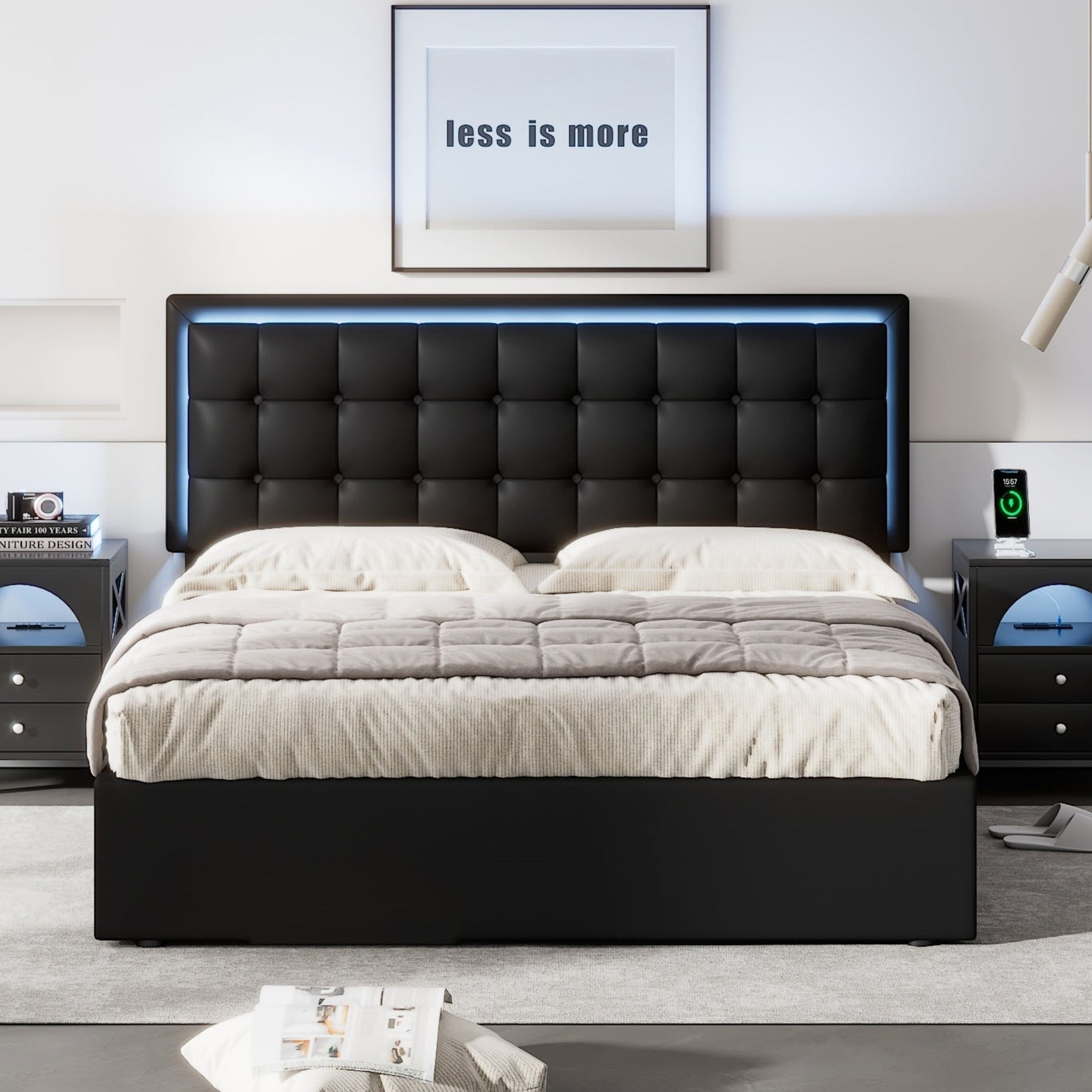 Queen Size Tufted Upholstered Platform Bed with Hydraulic Storage System,PU Storage Bed with LED Lights,Black