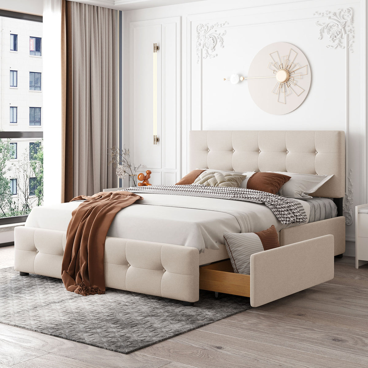 Upholstered Platform Bed with Classic Headboard and 4 Drawers, No Box Spring Needed, Linen Fabric, Queen Size Beige(OLD SKU :LP000114AAA)