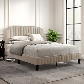 Modern Linen Curved Upholstered Platform Bed , Solid Wood Frame , Nailhead Trim, Beige (Queen)