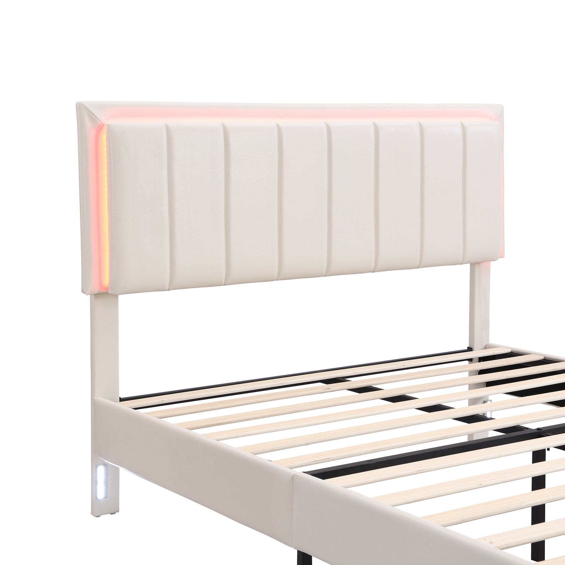 Upholstered Platform Bed with LED Lights and Two Motion Activated Night Lights,Queen Size Storage Bed with Drawer,White