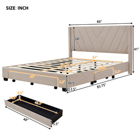 Queen Size Storage Bed Linen Upholstered Platform Bed with 3 Drawers (Beige)