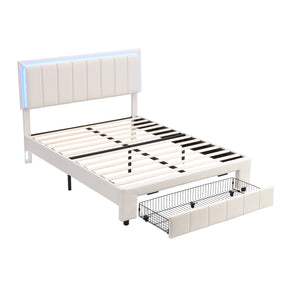 Upholstered Platform Bed with LED Lights and Two Motion Activated Night Lights,Queen Size Storage Bed with Drawer,White