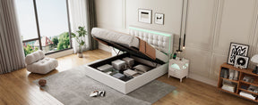 Queen Size Tufted Upholstered Platform Bed with Hydraulic Storage System,PU Storage Bed with LED Lights,White