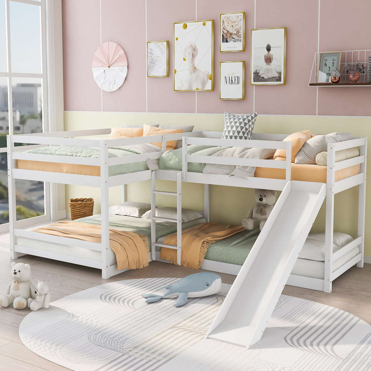 Full and Twin Size L-Shaped Bunk Bed with Slide and Short Ladder,White