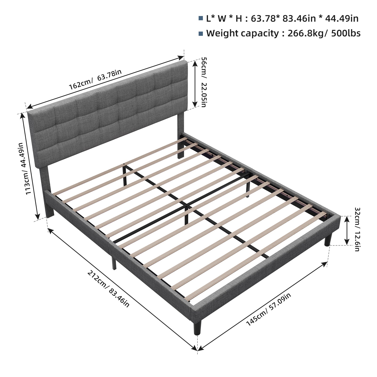 Queen Size Upholstered Platform Bed Linen Bed Frame with Lights Square Stitched Adjustable Headboard Strong Bed Slats System No Box Spring Needed Grey