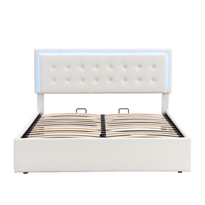 Queen Size Tufted Upholstered Platform Bed with Hydraulic Storage System,PU Storage Bed with LED Lights,White