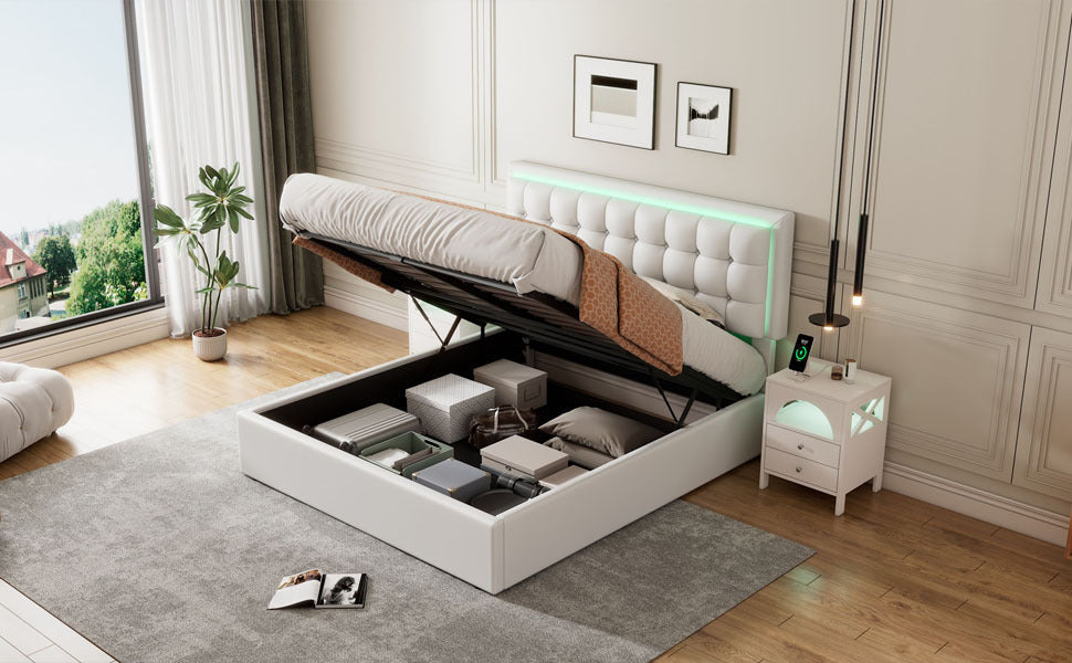 Queen Size Tufted Upholstered Platform Bed with Hydraulic Storage System,PU Storage Bed with LED Lights,White