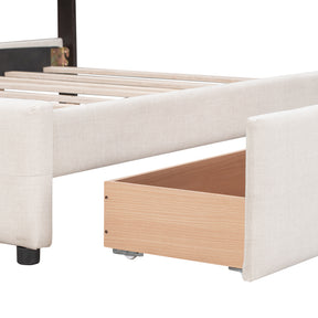 Upholstered Platform Bed with Classic Headboard and 4 Drawers, No Box Spring Needed, Linen Fabric, Queen Size Beige(OLD SKU :LP000114AAA)