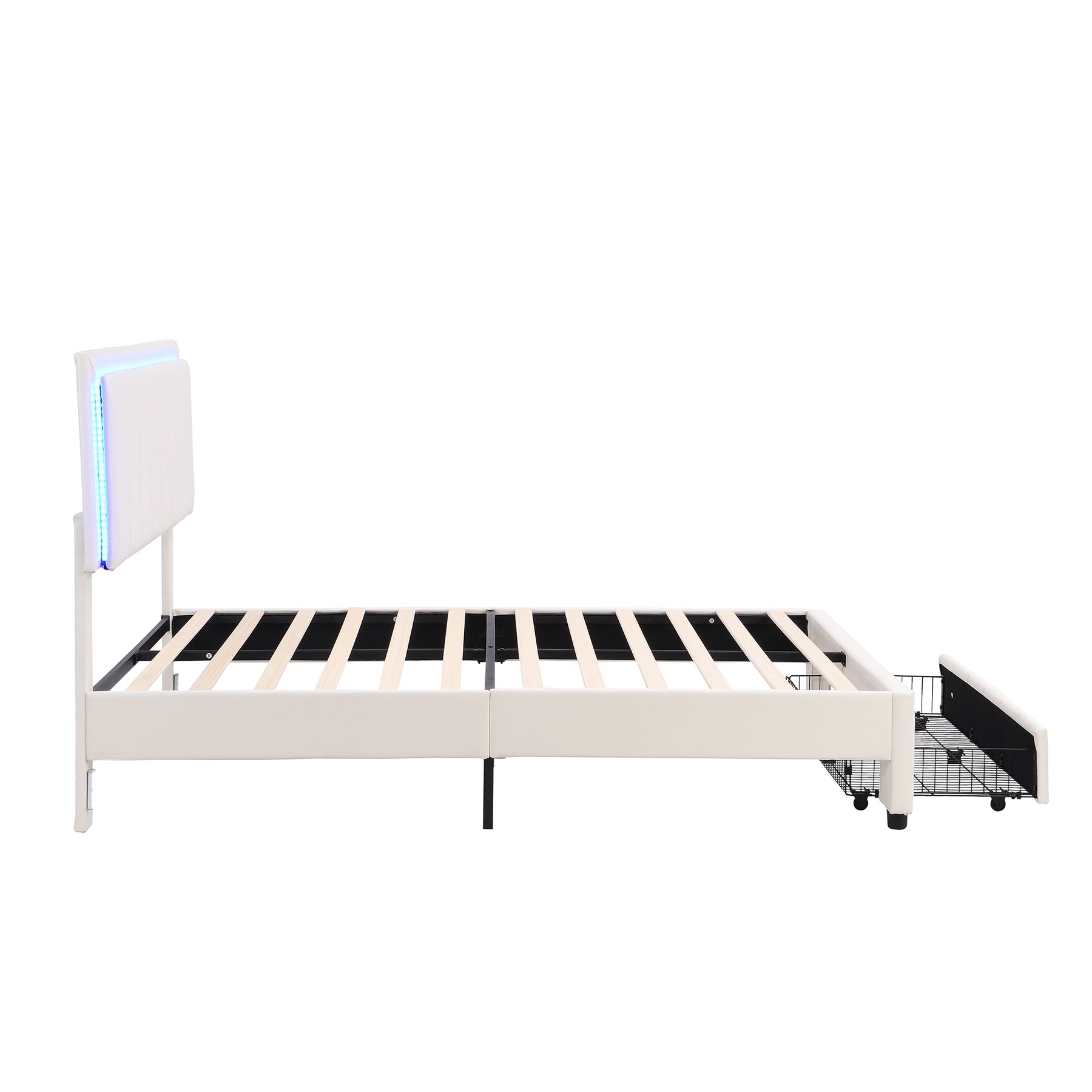 Upholstered Platform Bed with LED Lights and Two Motion Activated Night Lights,Queen Size Storage Bed with Drawer,White