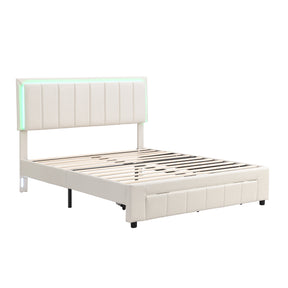 Upholstered Platform Bed with LED Lights and Two Motion Activated Night Lights,Queen Size Storage Bed with Drawer,White