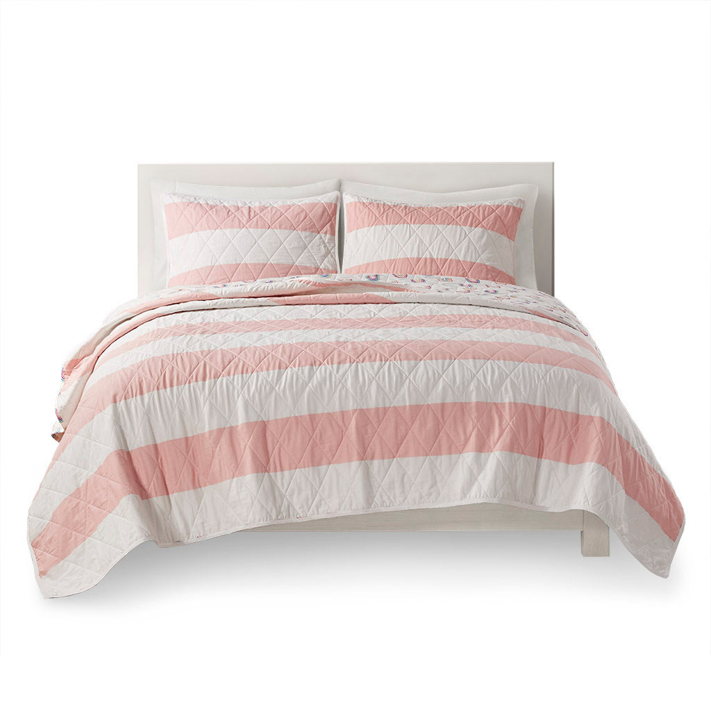 Sammie Cotton Cabana Stripe Reversible Quilt Set with Rainbow Reverse