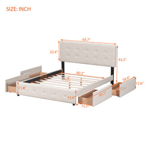 Upholstered Platform Bed with Classic Headboard and 4 Drawers, No Box Spring Needed, Linen Fabric, Queen Size Beige(OLD SKU :LP000114AAA)