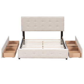 Upholstered Platform Bed with Classic Headboard and 4 Drawers, No Box Spring Needed, Linen Fabric, Queen Size Beige(OLD SKU :LP000114AAA)