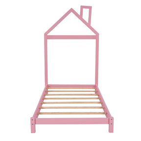 Twin Size Wood Platform Bed with House-shaped Headboard  (Pink)