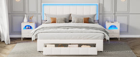 Upholstered Platform Bed with LED Lights and Two Motion Activated Night Lights,Queen Size Storage Bed with Drawer,White