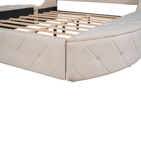 Upholstered Platform Bed Queen Size Storage Velvet Bed with Wingback Headboard and 1 Big Drawer,2 Side Storage Stool(Beige)