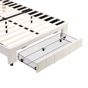 Upholstered Platform Bed with LED Lights and Two Motion Activated Night Lights,Queen Size Storage Bed with Drawer,White