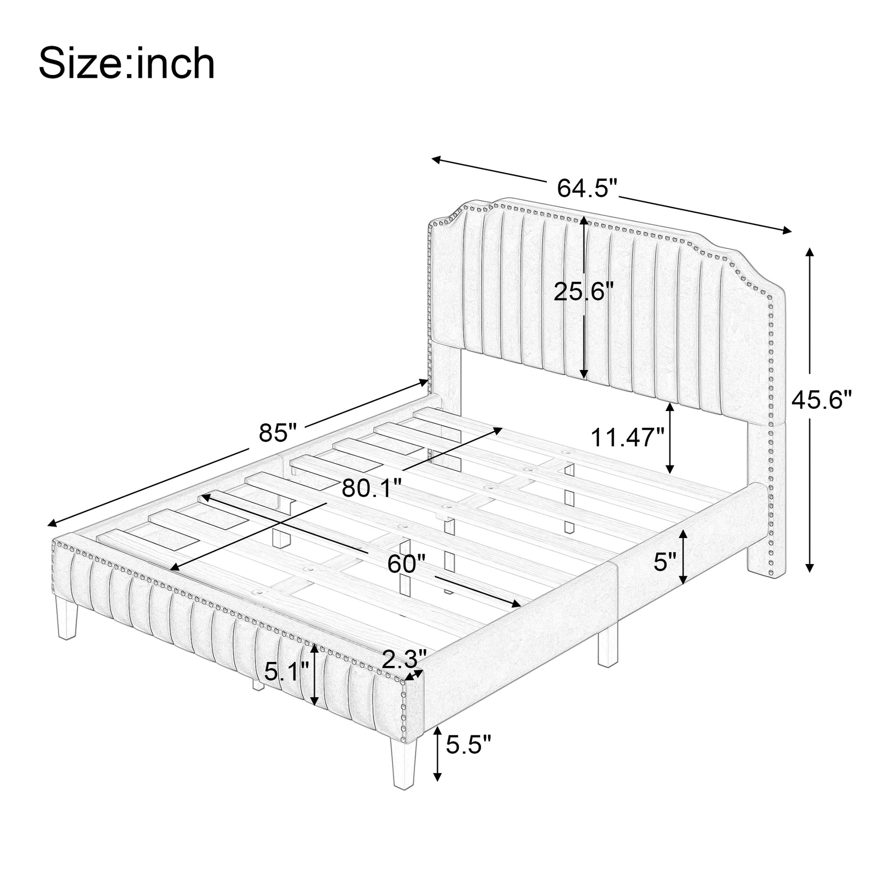 Modern Linen Curved Upholstered Platform Bed , Solid Wood Frame , Nailhead Trim, Beige (Queen)