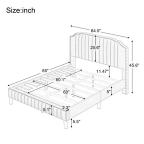 Modern Linen Curved Upholstered Platform Bed , Solid Wood Frame , Nailhead Trim, Beige (Queen)