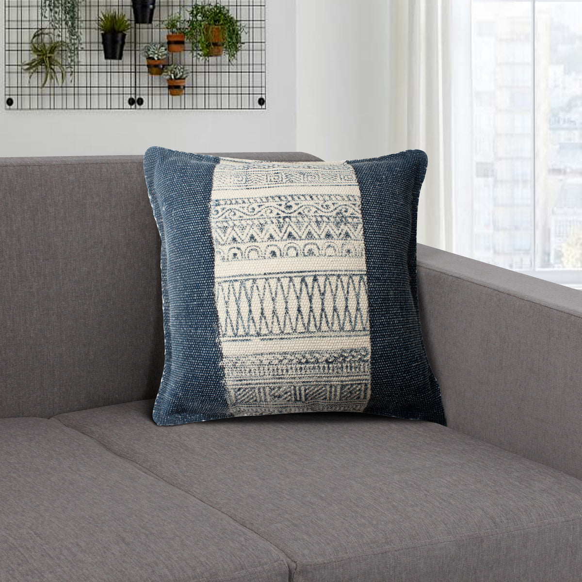 18 x 18 Square Handwoven Accent Throw Pillow, Polycotton Dhurrie, Kilim Pattern, White, Blue