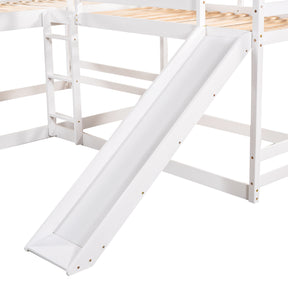 Full and Twin Size L-Shaped Bunk Bed with Slide and Short Ladder,White