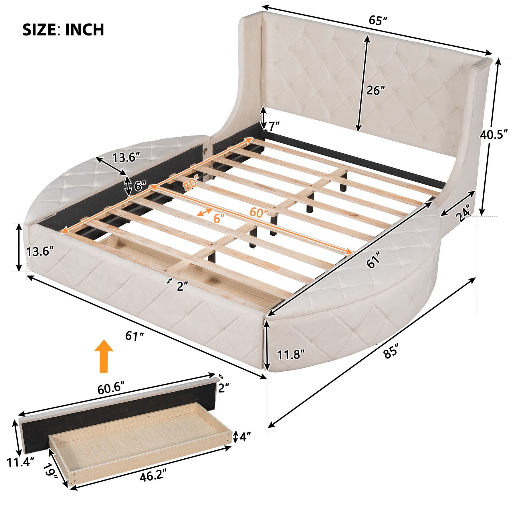 Upholstered Platform Bed Queen Size Storage Velvet Bed with Wingback Headboard and 1 Big Drawer,2 Side Storage Stool(Beige)