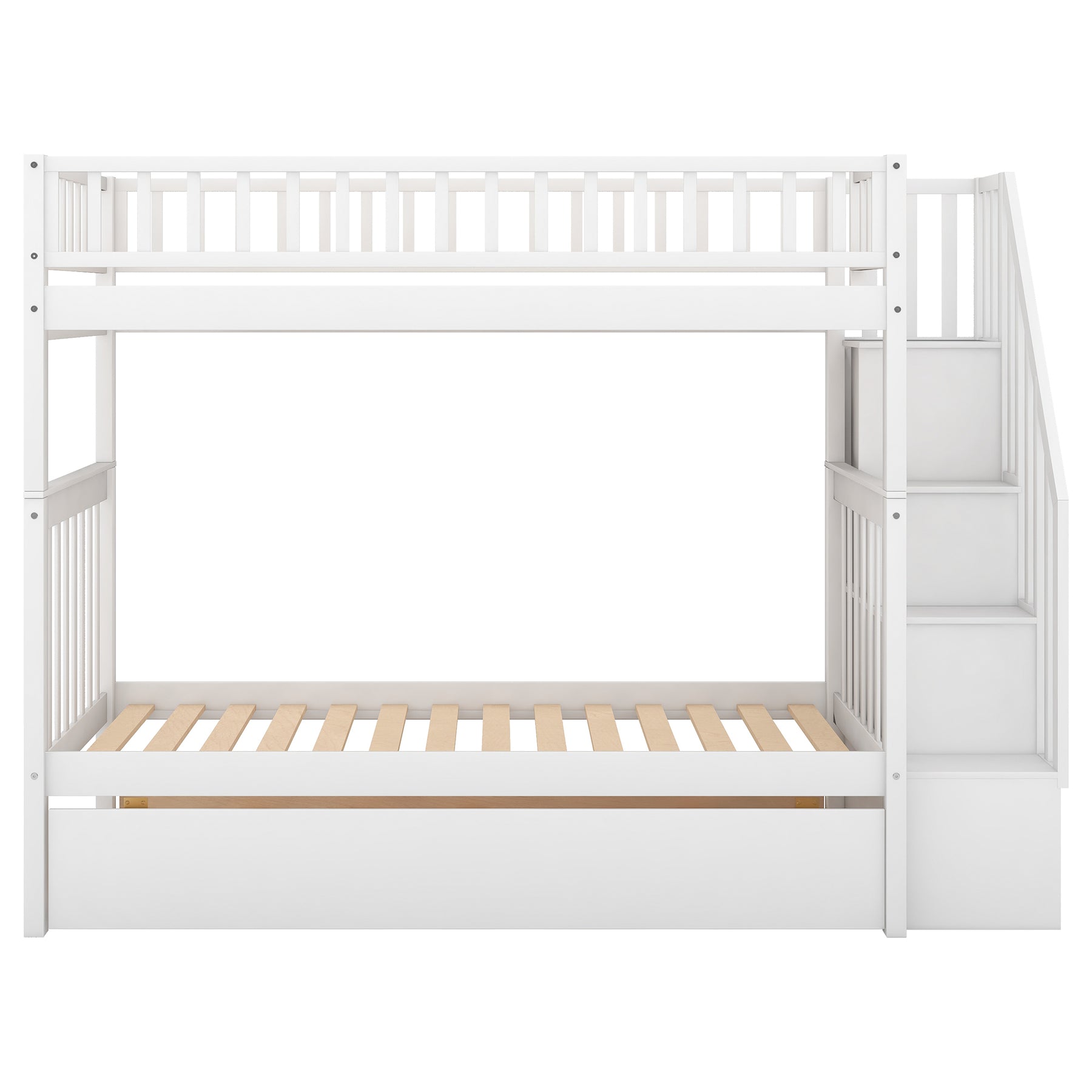 Twin over Twin Bunk Bed with Trundle and Storage, White