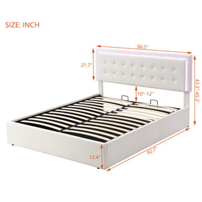 Queen Size Tufted Upholstered Platform Bed with Hydraulic Storage System,PU Storage Bed with LED Lights,White