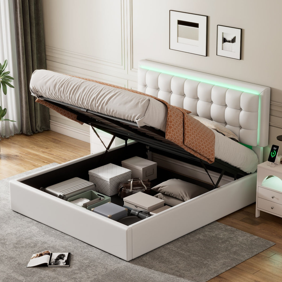 Queen Size Tufted Upholstered Platform Bed with Hydraulic Storage System,PU Storage Bed with LED Lights,White