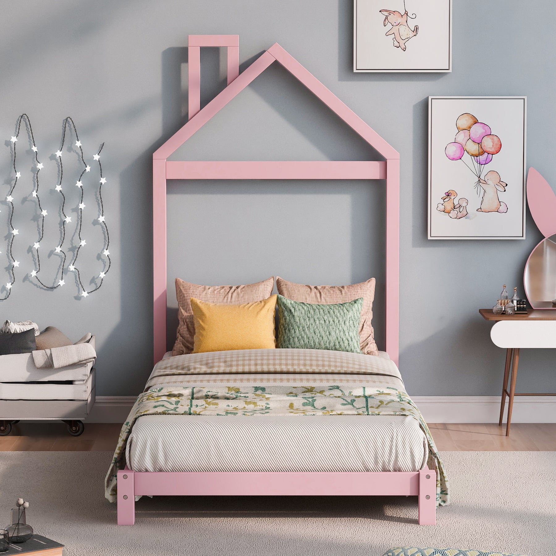 Twin Size Wood Platform Bed with House-shaped Headboard  (Pink)